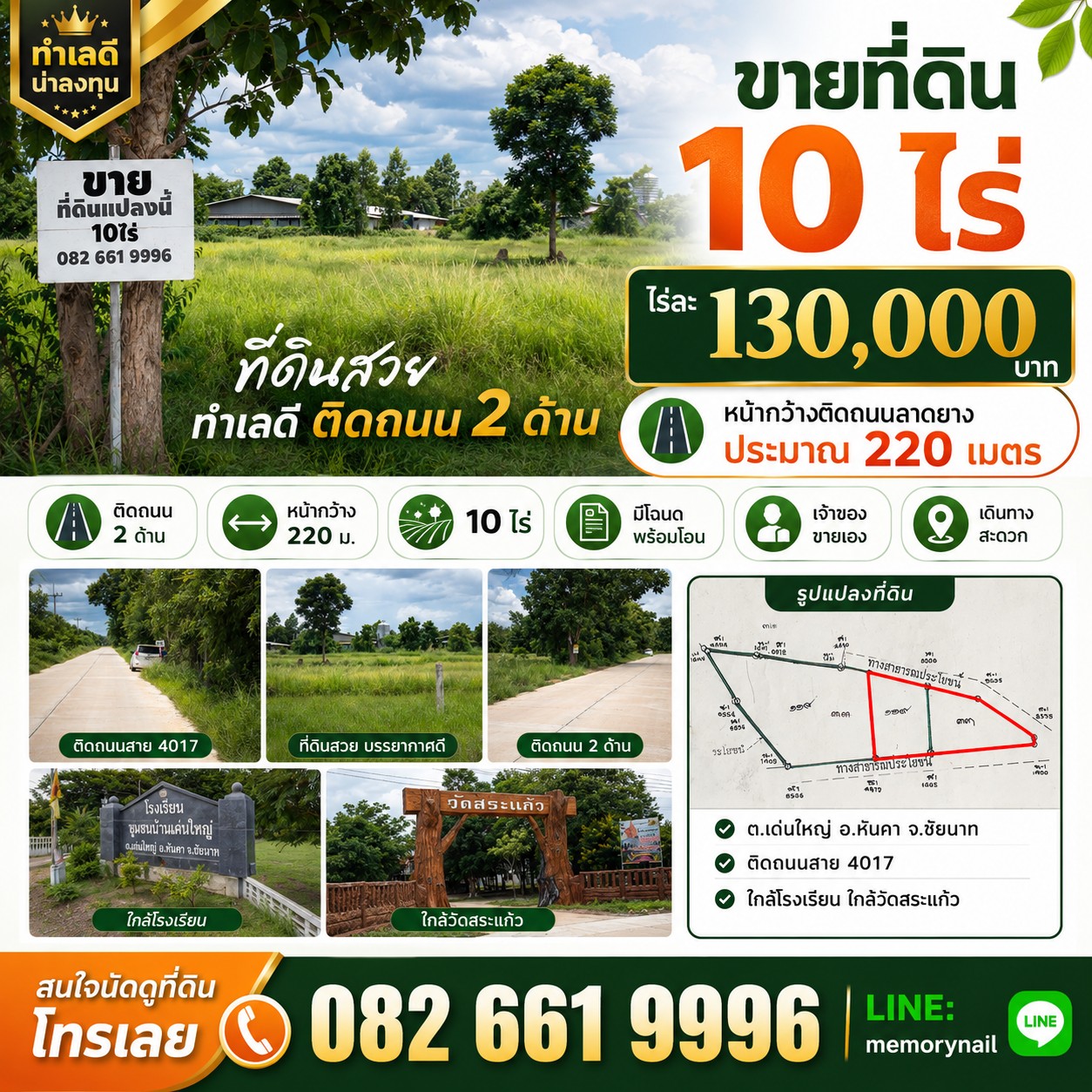 ขายที่ดินสวย ทำเลดีมาก ติดถนน 2 ด้าน ตำบลเด่นใหญ่ อำเภอหันคา จังหวัดชัยนาท