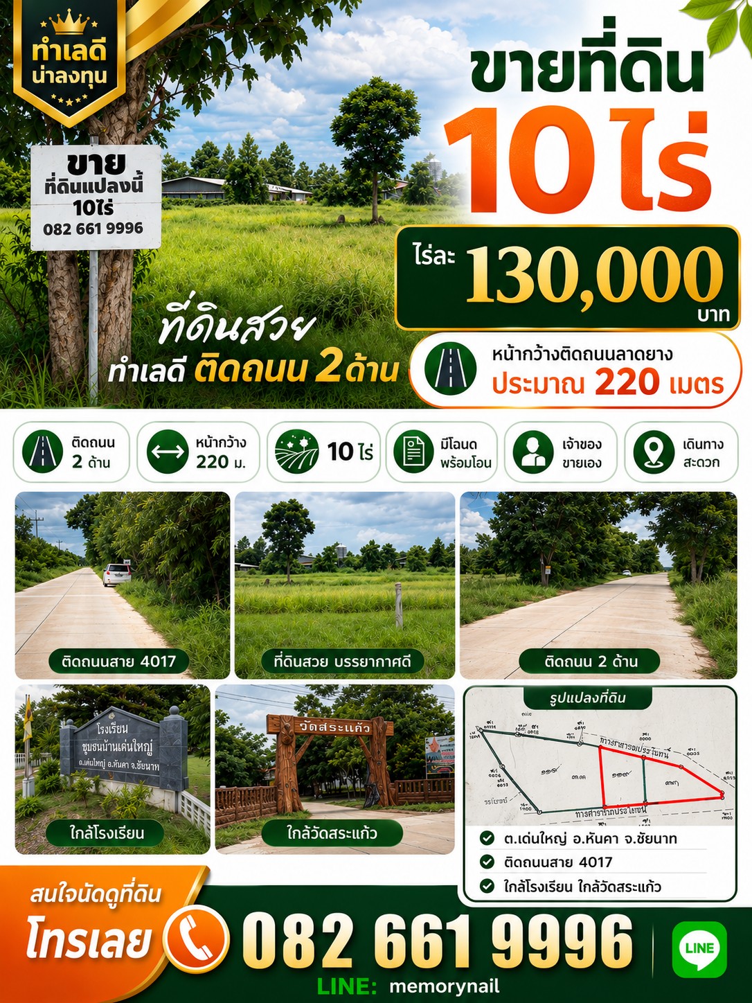 ขายที่ดินสวย ทำเลดีมาก ติดถนน 2 ด้าน ตำบลเด่นใหญ่ อำเภอหันคา จังหวัดชัยนาท
